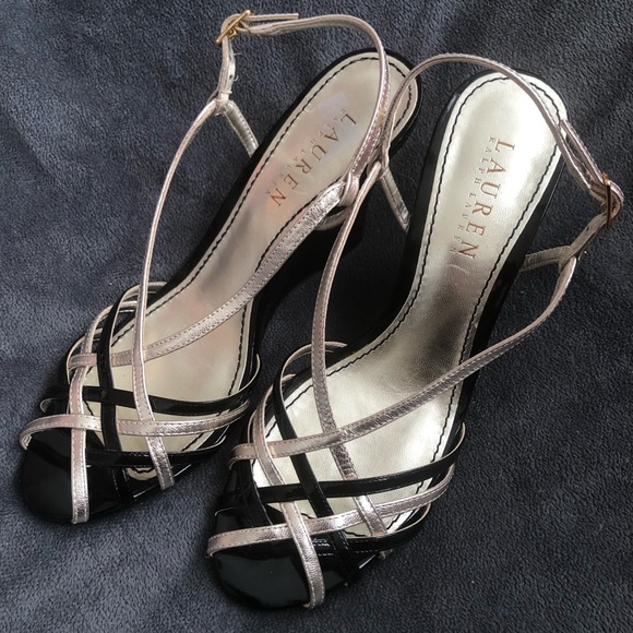 Lauren RL Black Gold Sandal Platform Shoes 6.5 37 - Picture 6 of 14